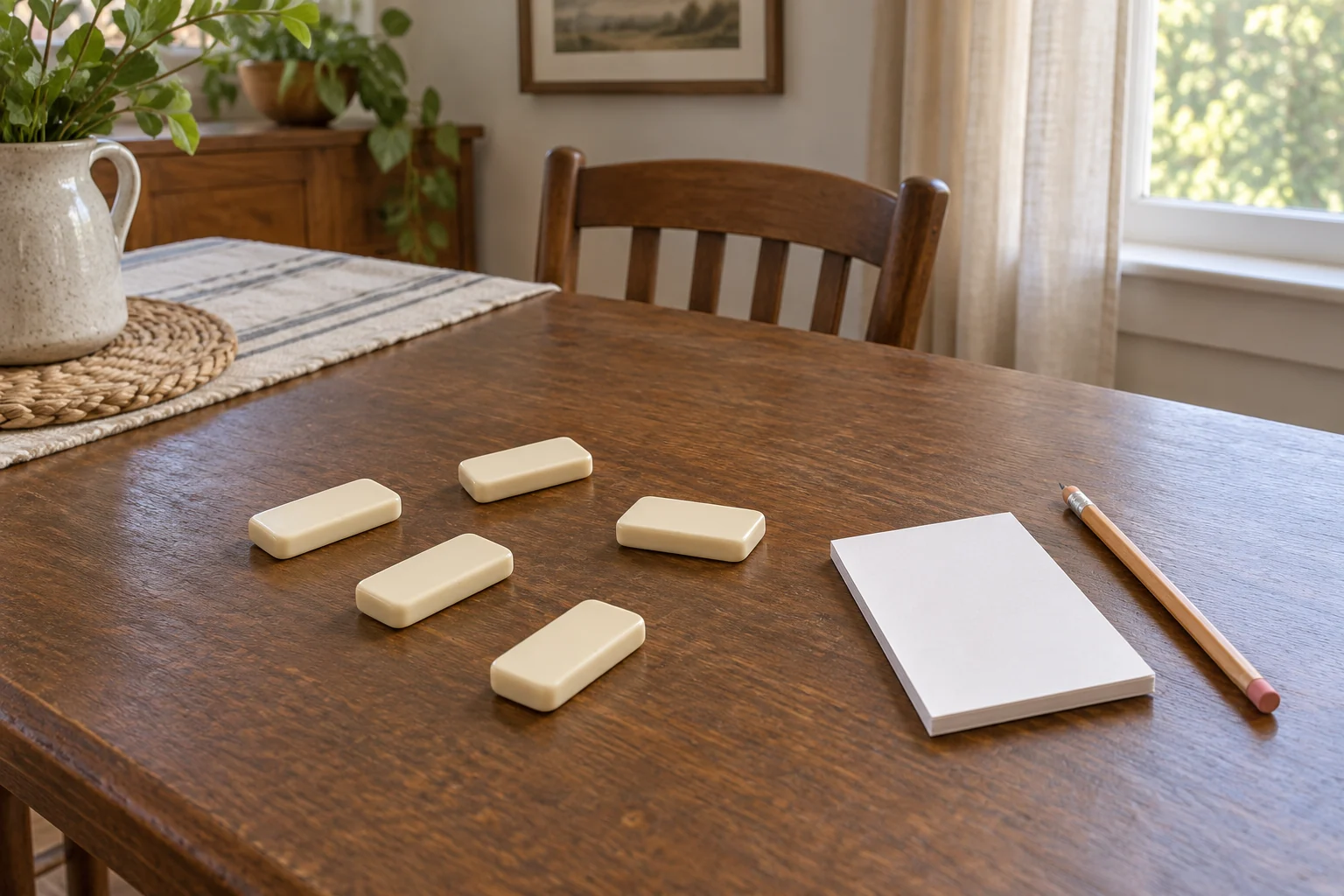 Play Block Dominoes concept with five complete generic face-down tiles, a blank score pad and a whole pencil resting separately on a home dining table.