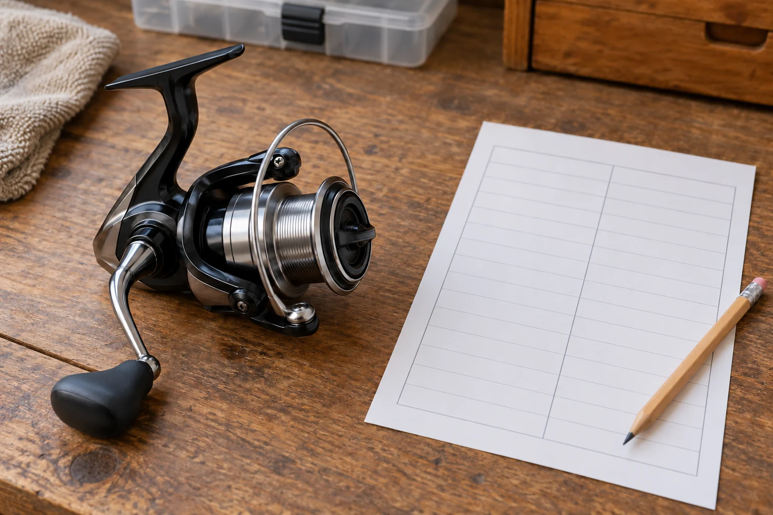 A reel line capacity record places an idle spinning reel beside a blank paired-entry sheet while its exact model, heading and associated values are checked.