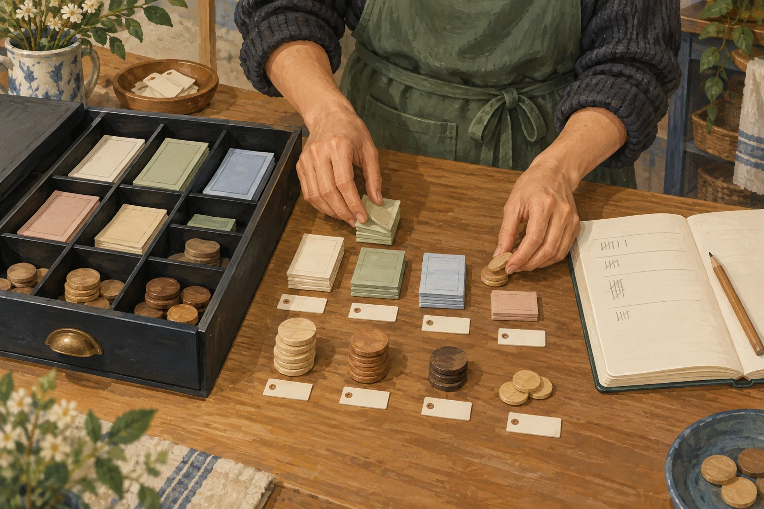 A cash float denomination plan separates labelled counting pieces and a written subtotal record beside a cash drawer.