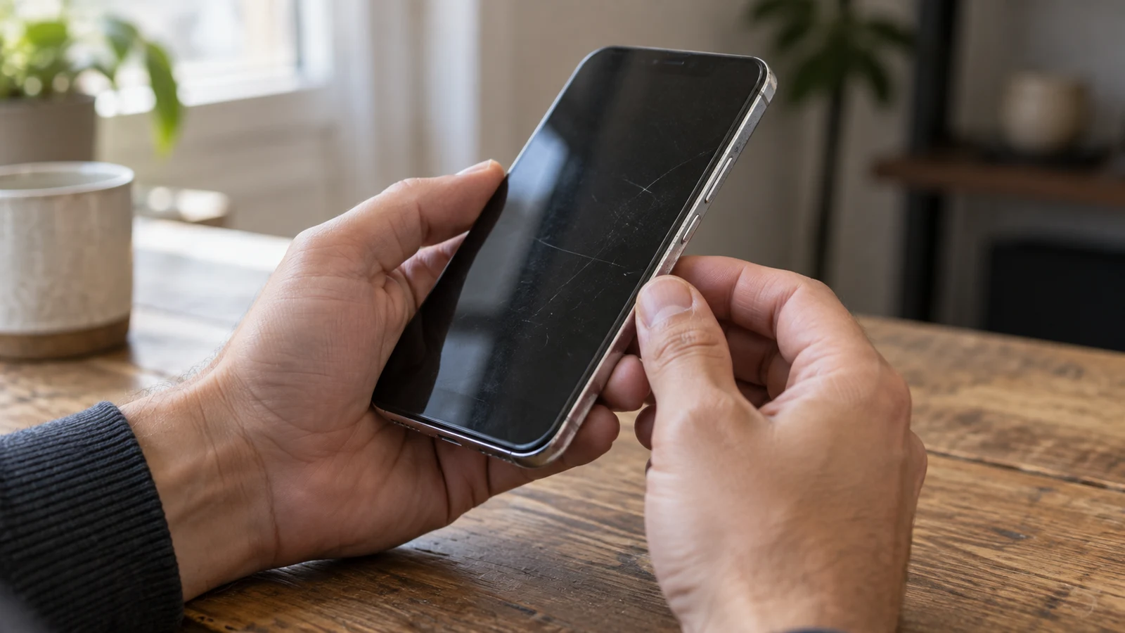 refurbished device condition: Two hands hold a smartphone with scratches on its dark screen above a wooden table.