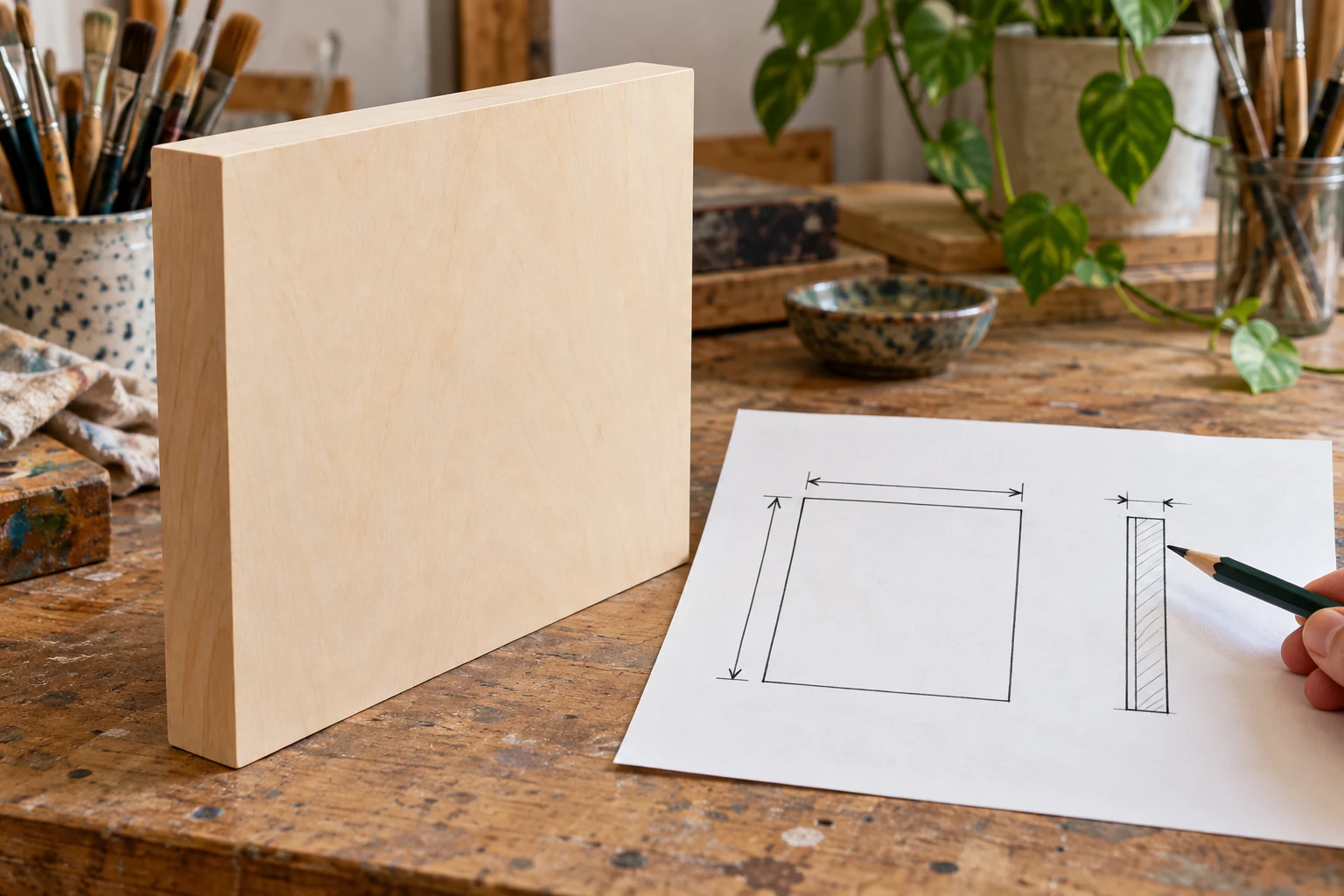 Wood painting panel dimensions explained with a front-view rectangle, a separate side-profile sketch and arrows on paper beside a blank cradled panel.