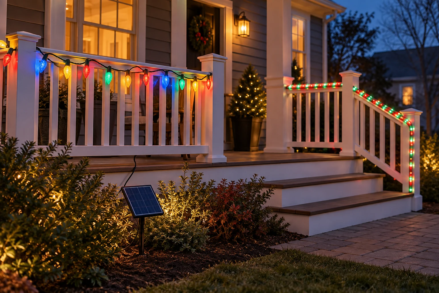 solar Christmas lights for a porch railing illustrated as distinct multicolored C6 bulbs beside a red-and-green rope outline, with an accessible solar panel.