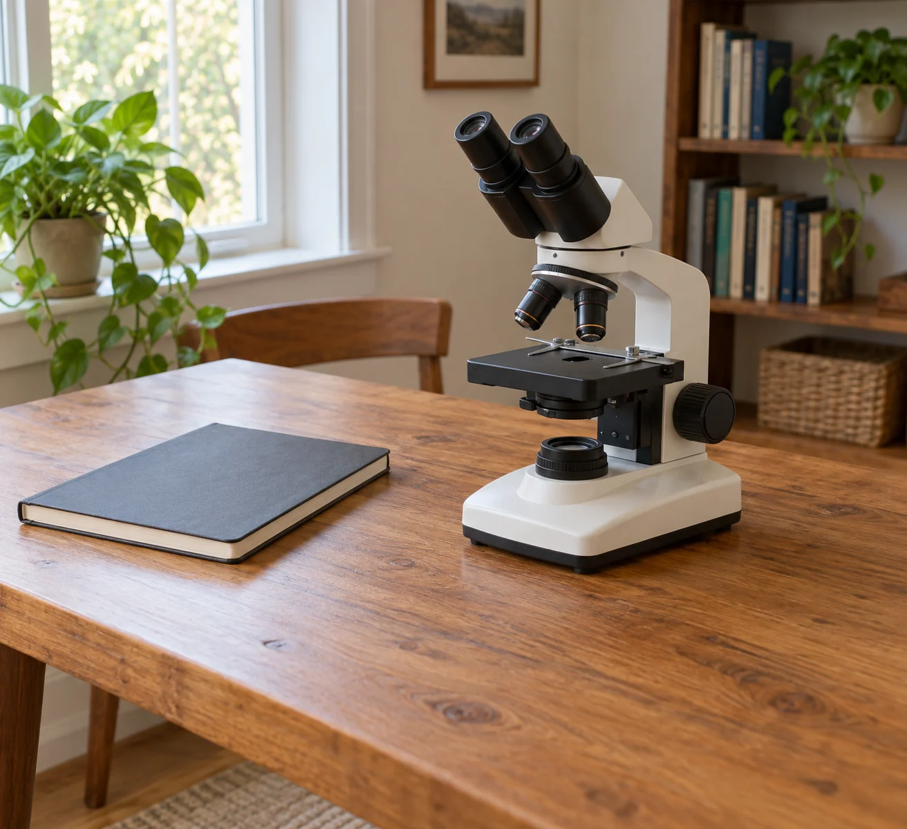 B120C binocular view concept with a whole generic inactive microscope and closed book on a wooden study table, without a specimen view or optical diagram.