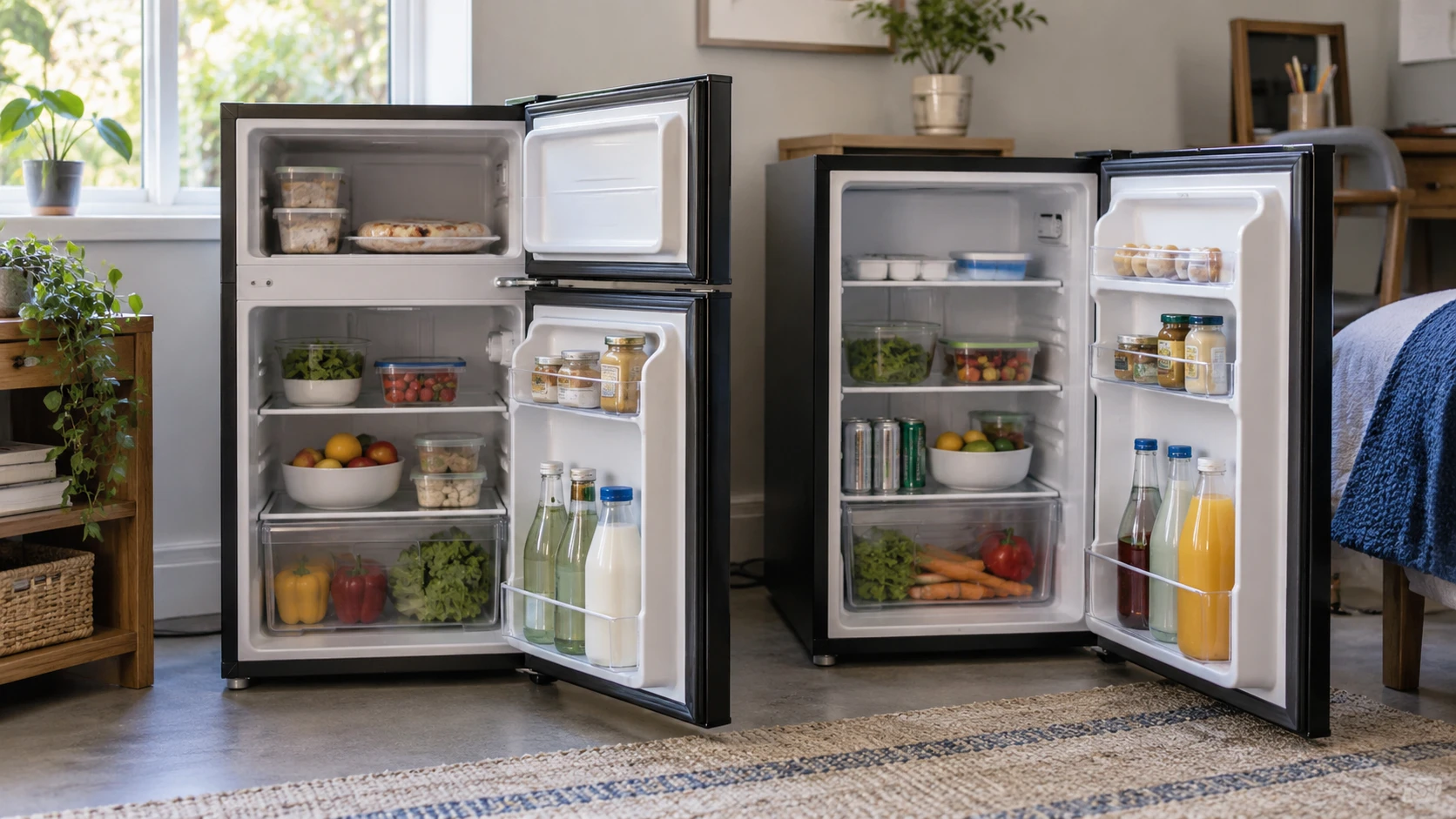 For Sfbhwg FTC30RE mini fridge, weigh freezer allocation, door access, shelf layout, temperature claims, dimensions, defrosting, and room fit.