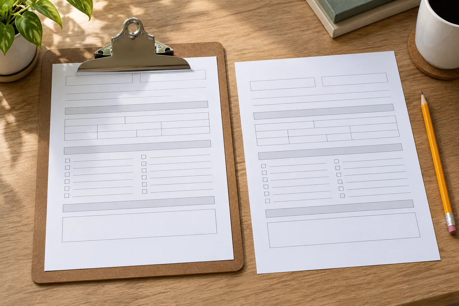 Clipboard clip covering a form header on a sample form beside a loose copy with a clearer top margin and pencil.
