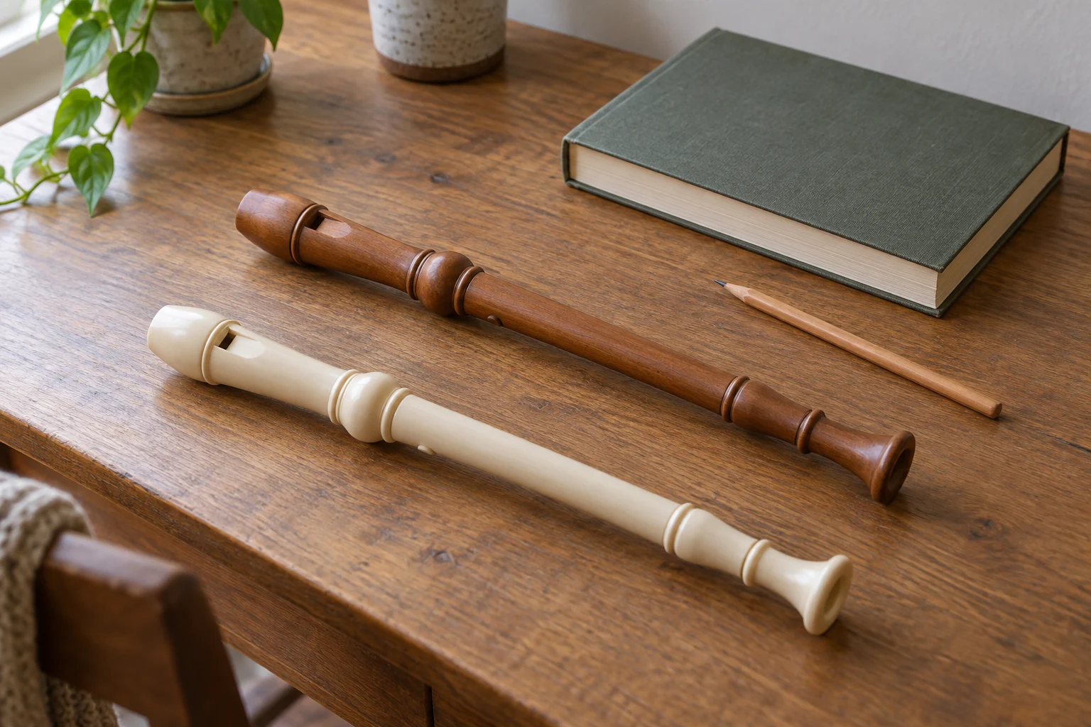 Recorder lesson stalls at F concept with two whole generic musical recorders beside a closed plain book and pencil on a desk.