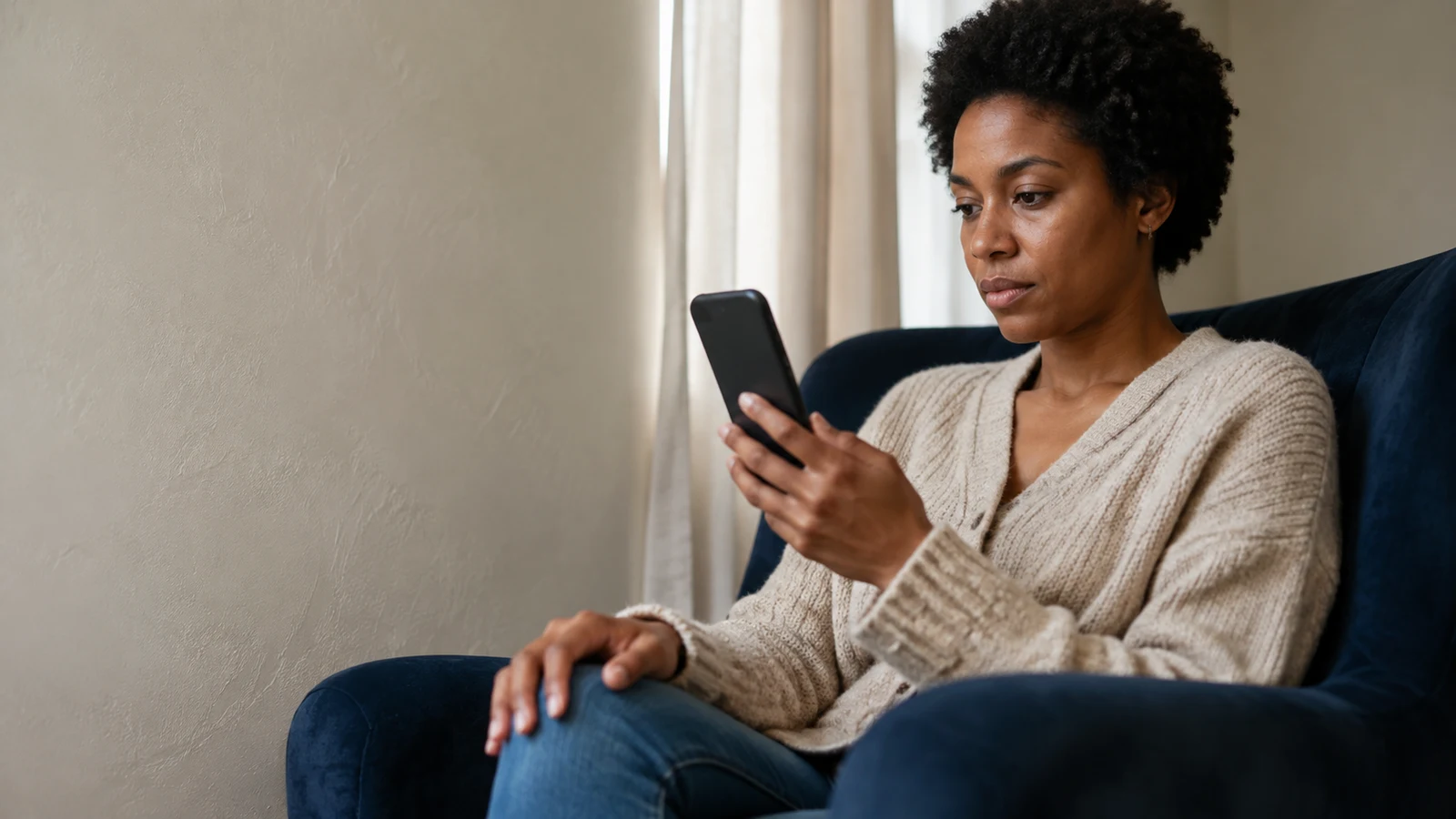 bitcoin shopping online: A woman in a cream cardigan looks at a phone while seated in a blue armchair beside a window.