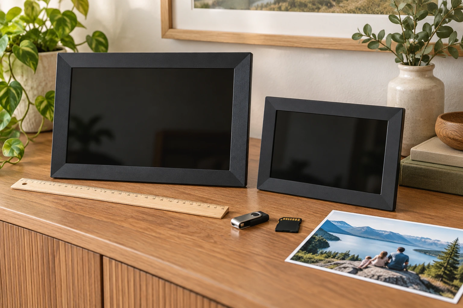 digital photo frame screen size and storage in plain language shown with two different frame sizes, removable media and a print.