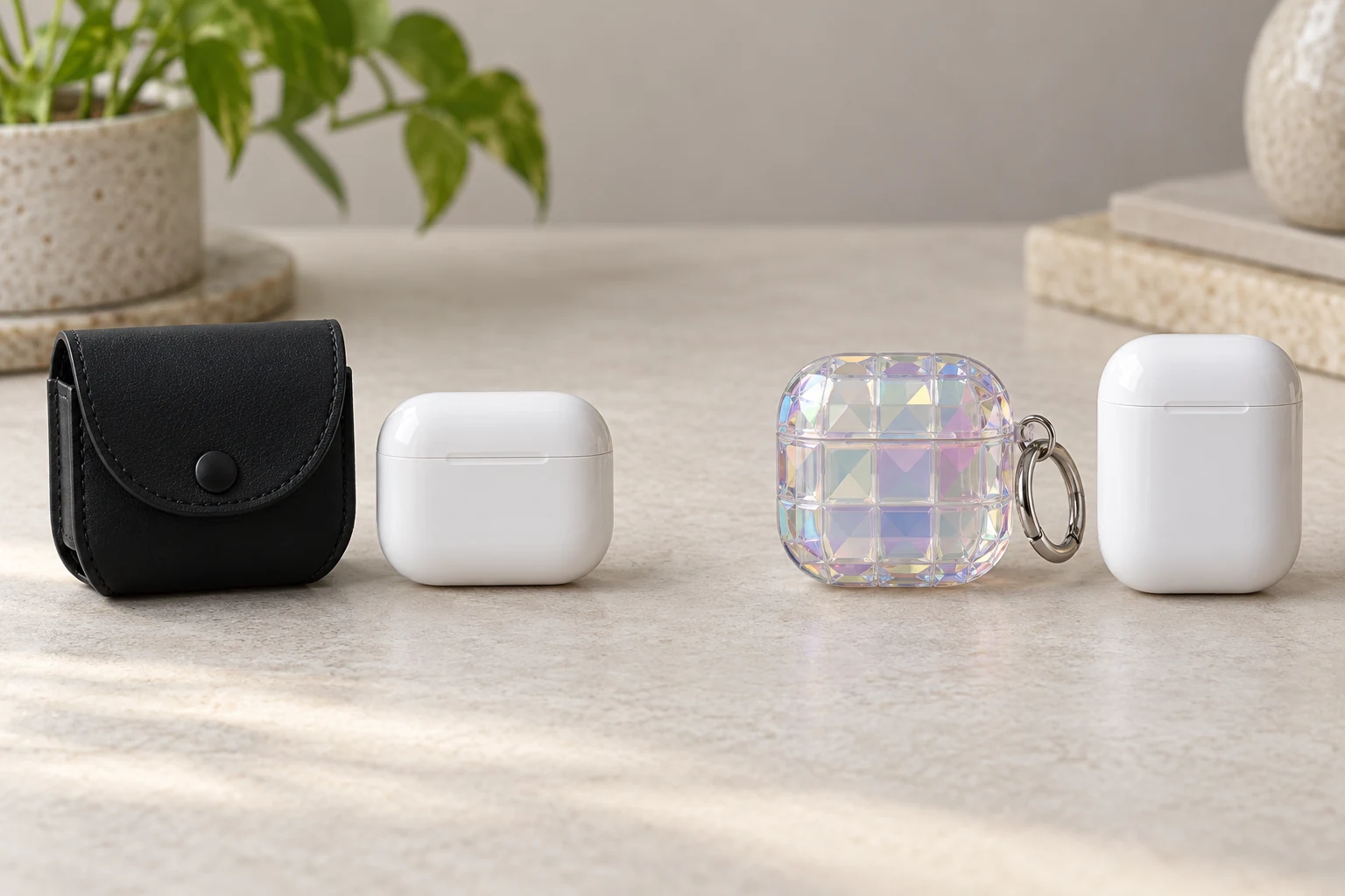 AirPods case cover compatibility illustrated by a black snap pouch for third-generation AirPods beside a square patterned cover for fourth-generation AirPods, with separate charging-case silhouettes.