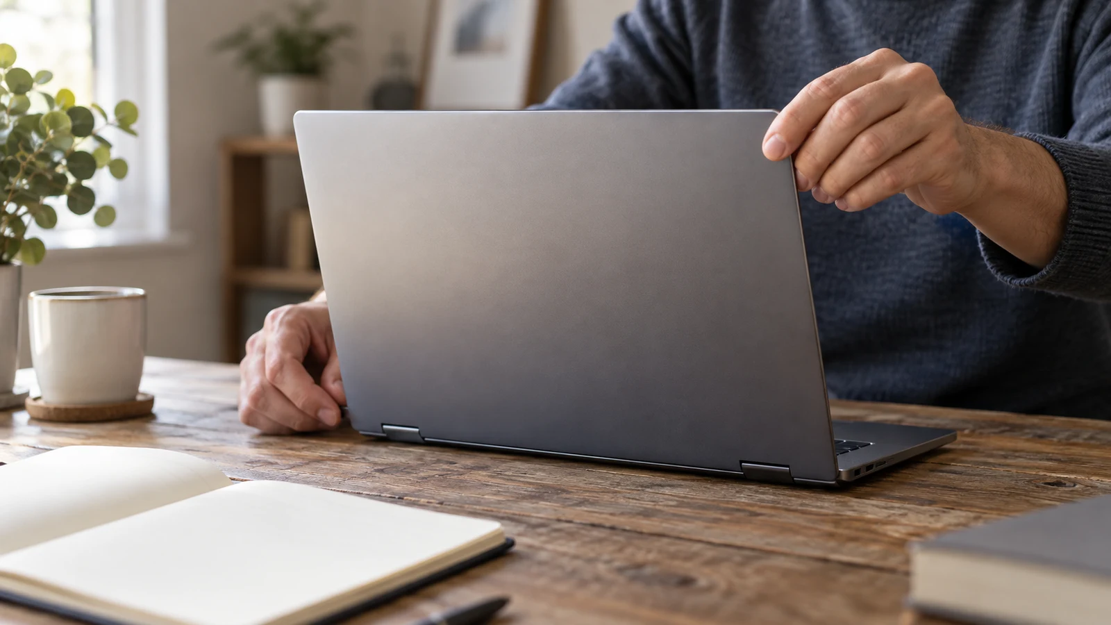 Dell Inspiron track changes: A person holds an unbranded laptop on a wooden desk beside an open notebook, mug, plant, and book.