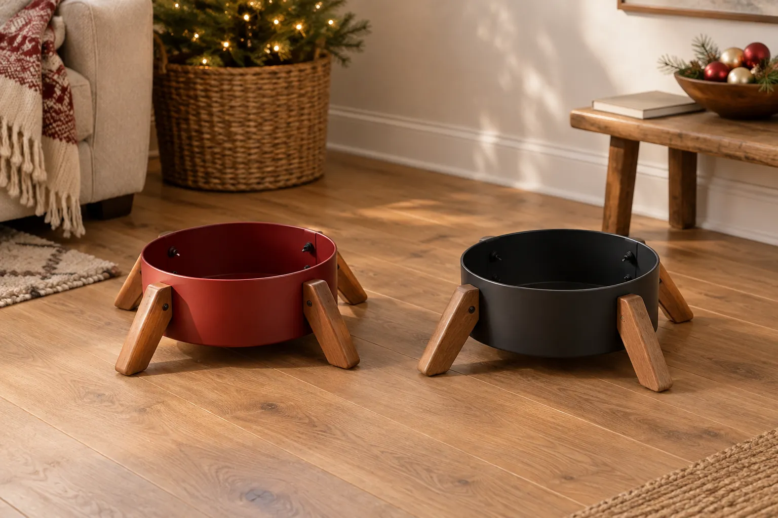Christmas tree stand planning concept with two whole generic empty red and black holders on wooden legs in a holiday living room