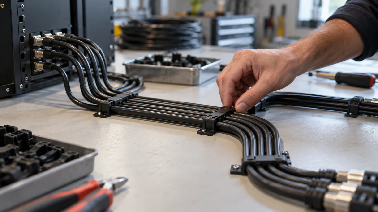 diagram connector routing: A hand adjusts a guide holding parallel black cables on a workbench.