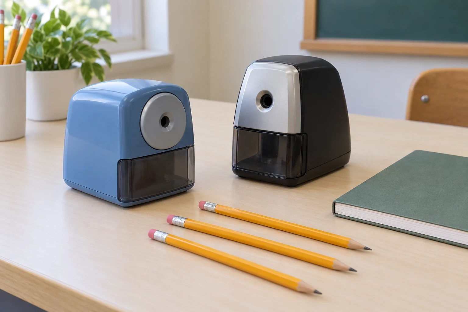 EPS10HC won't run concept with two complete generic inactive desk sharpeners and separate whole wood pencils.