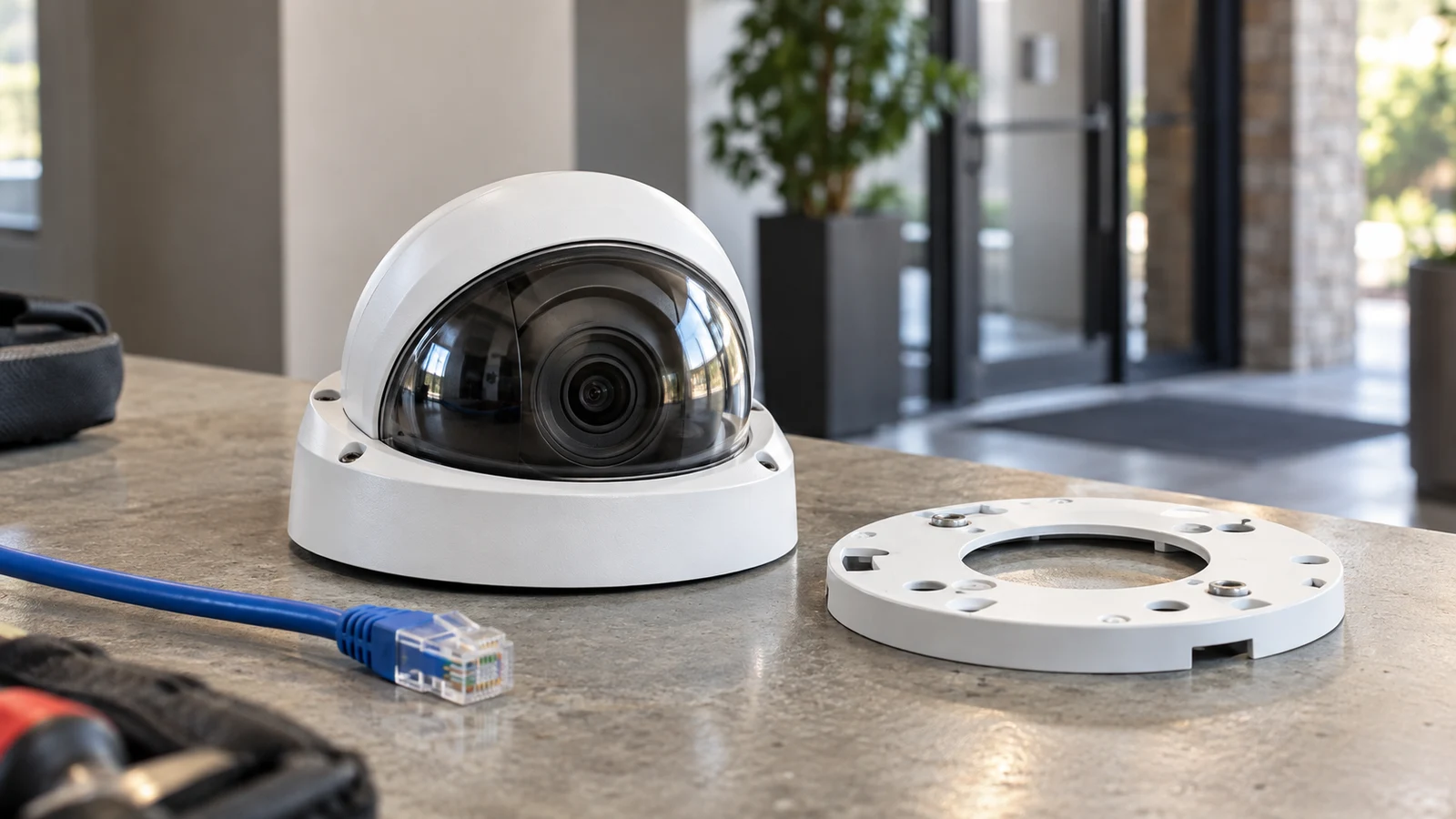Hanwha XNV-6011 PoE camera: An unbranded dome camera, Ethernet cable and mounting plate rest on a workbench.