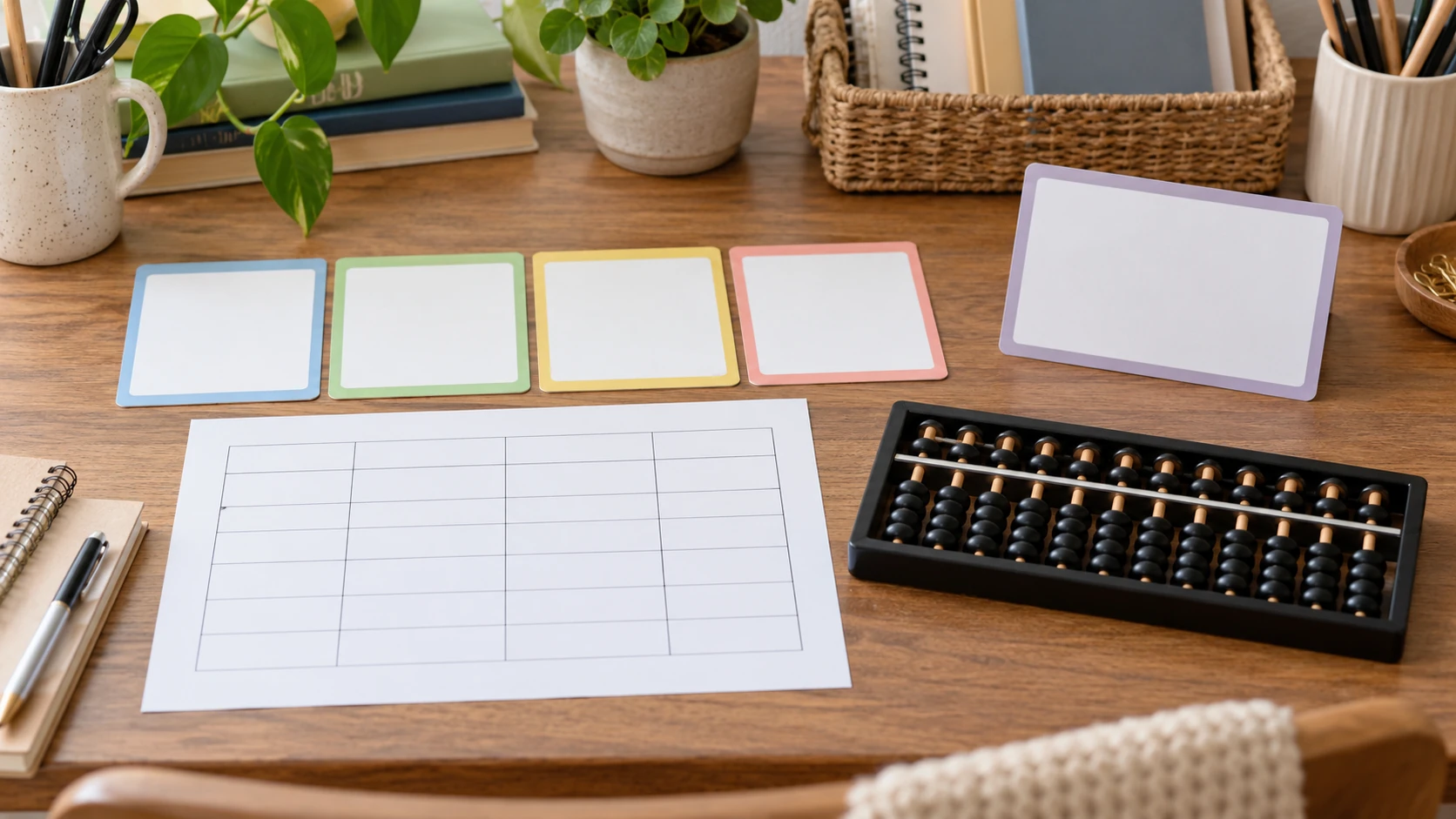 Abacus workshop budget planned with simultaneous practice-station cards, a separate demonstration-frame card and a package-gap worksheet beside a generic counting frame.