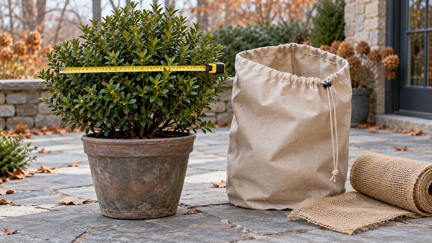 Winter plant cover sizing shown by a tape across a potted shrub beside a drawstring sleeve and an open-weave burlap roll.