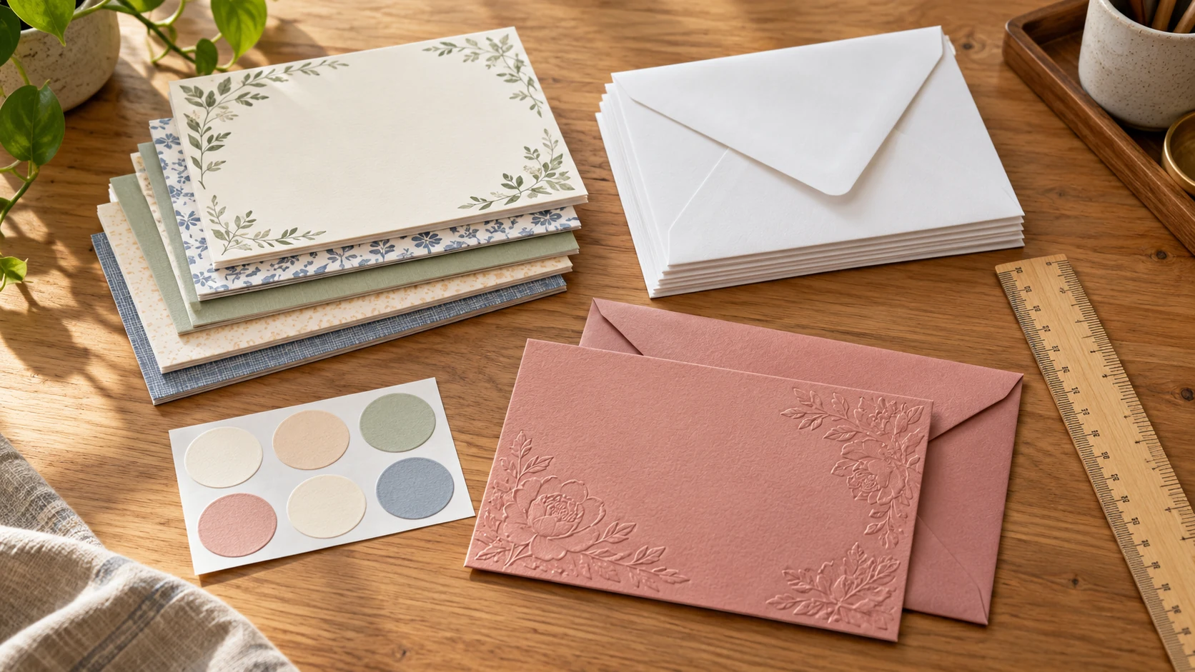 Blank note card pack comparison with decorative cards, white envelopes, round seals, a rose-colored card, and a ruler on a desk.