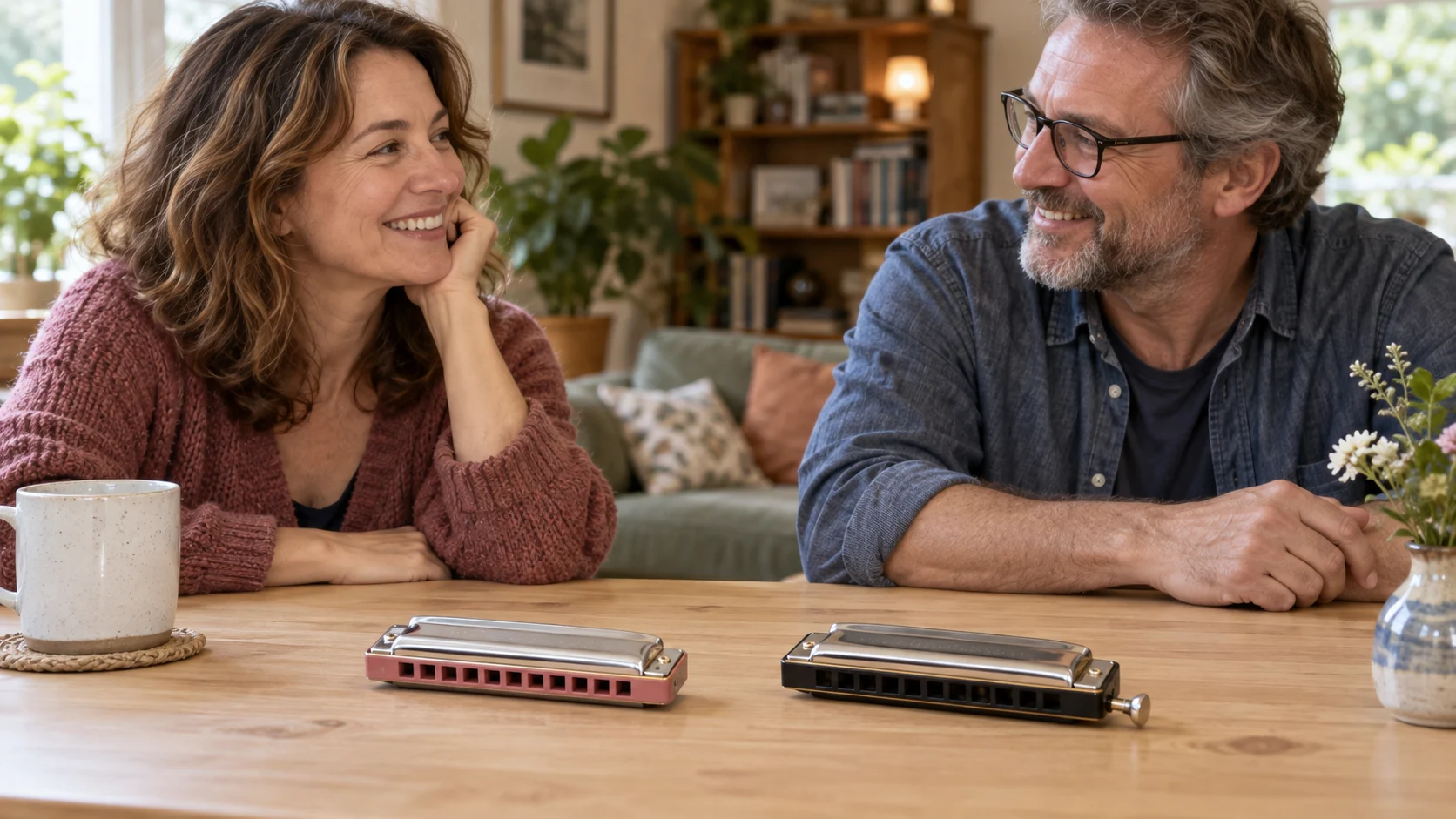 Harmonica call-and-response session illustrated conceptually by adults beside two whole generic harmonicas, without an exact model or playing technique demonstration.