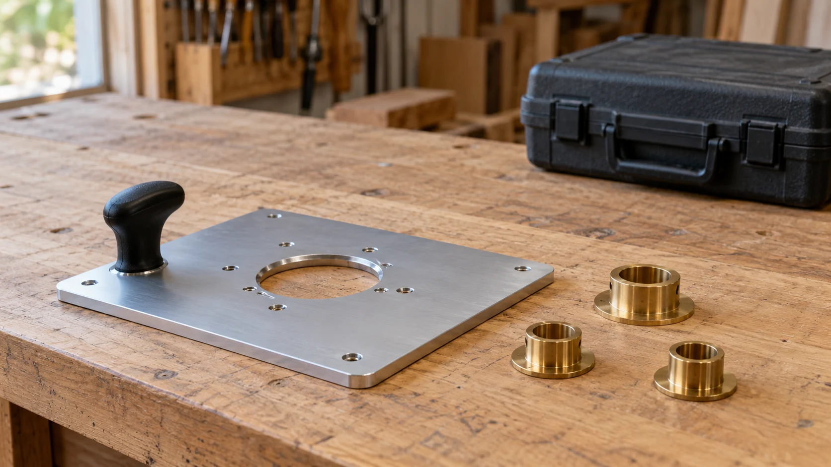 Router guide bushing compatibility illustrated by a whole generic baseplate and three separate brass guide collars on a workbench.