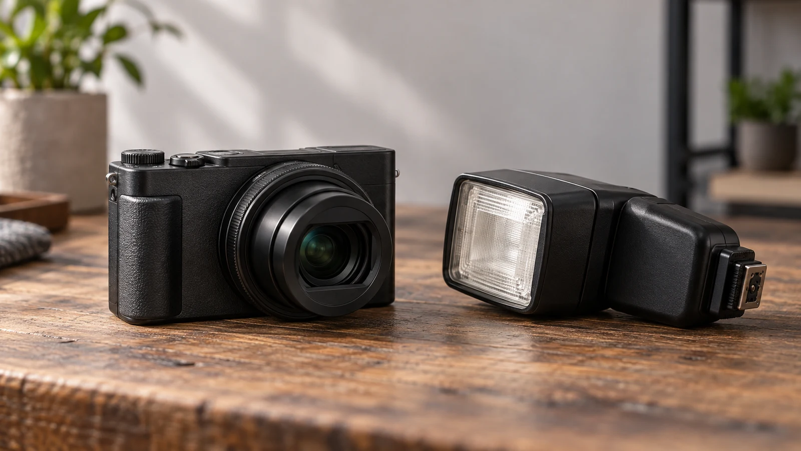 Sony ZV-1 II external flash checks: An unbranded black camera and a separate flash rest on a wooden table.
