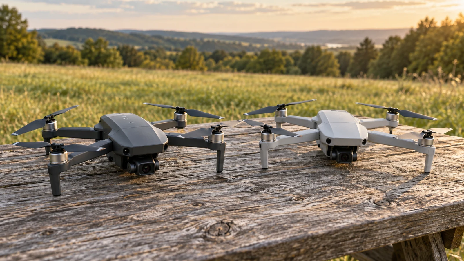 Gqtwoy brushless drone: Two gray quadcopters rest on a weathered wooden table beside a grassy field.