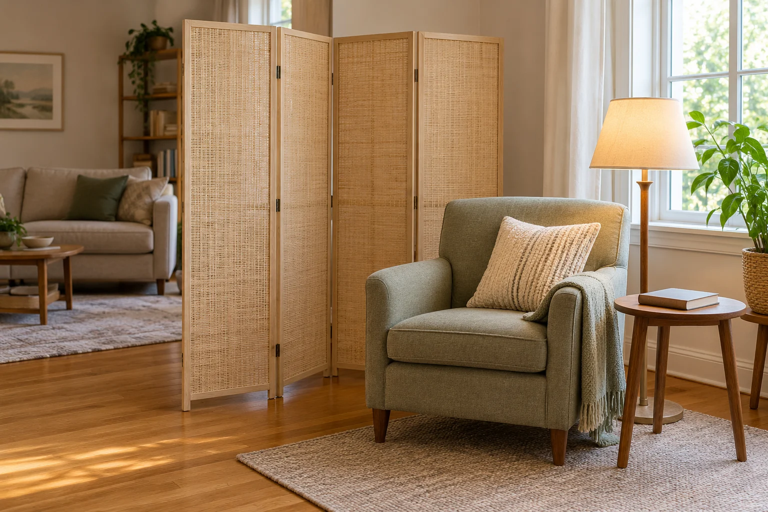 Fold-away reading corner concept with a whole generic four-panel woven folding screen beside an empty chair and a closed book in a living room.