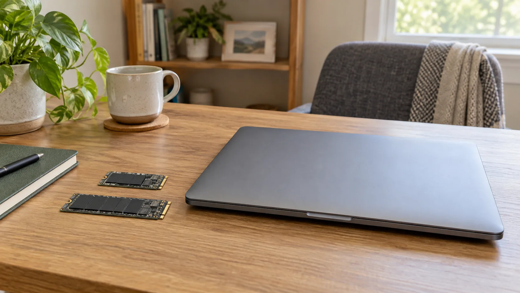 SSD capacity, speed and endurance ratings illustrated by two complete generic storage modules beside a closed laptop; no exact retail drive, benchmark or measured life.
