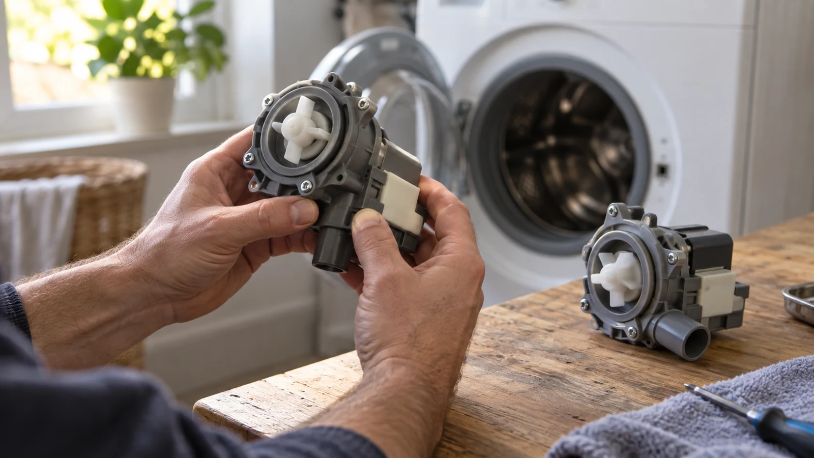 replacement part numbers: Hands hold a pump beside another pump on a wooden worktop in front of a washing machine.