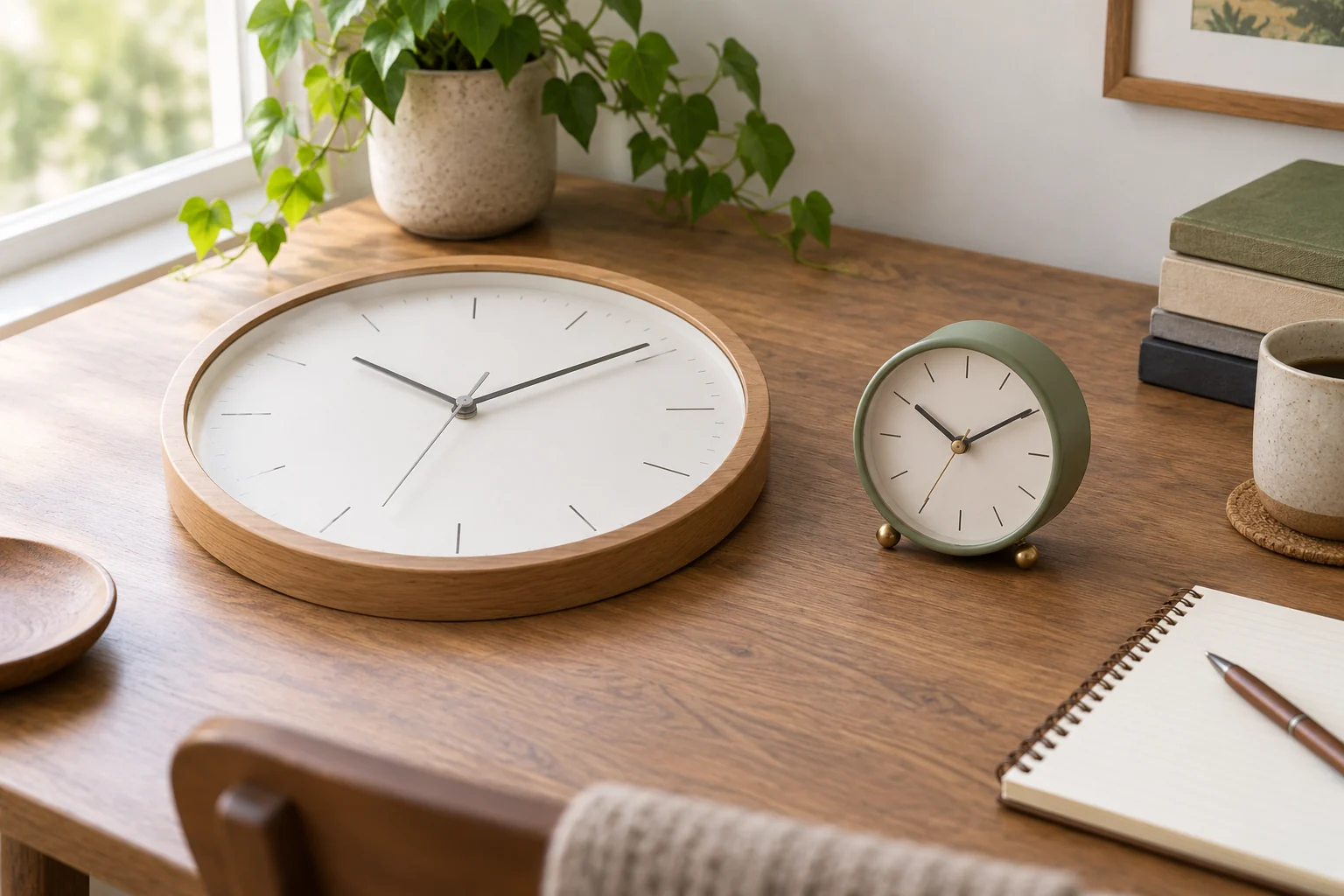 Quartz clock dial concept with a complete generic round clock lying face-up and a whole small desk clock resting separately on a study table.