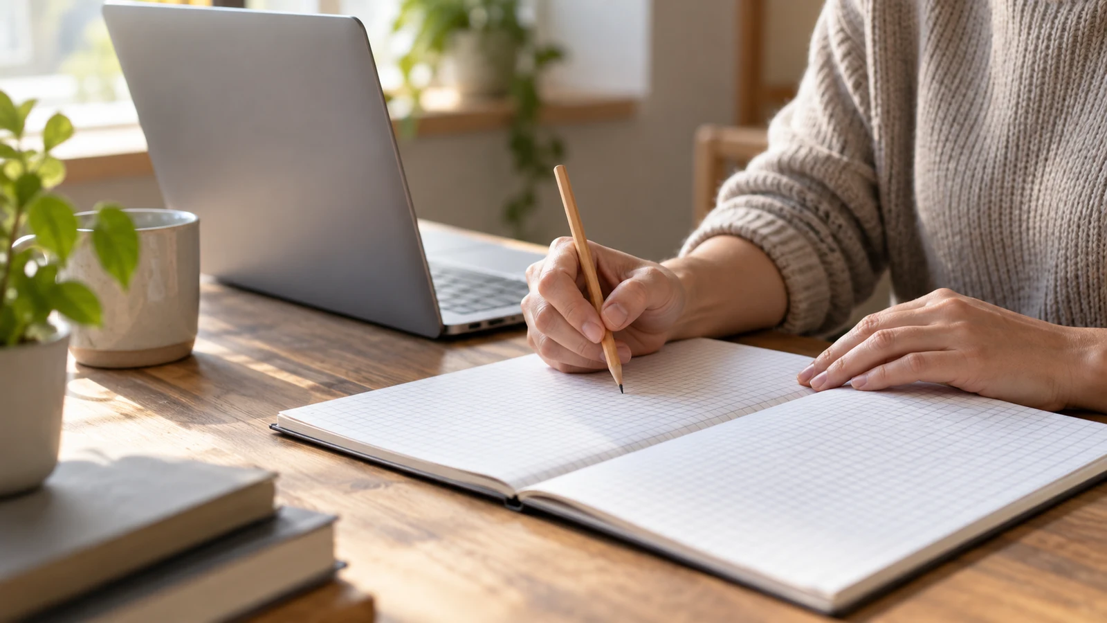 spreadsheet subtotal checks: A person holds a pencil against an open squared notebook beside a laptop on a wooden desk.