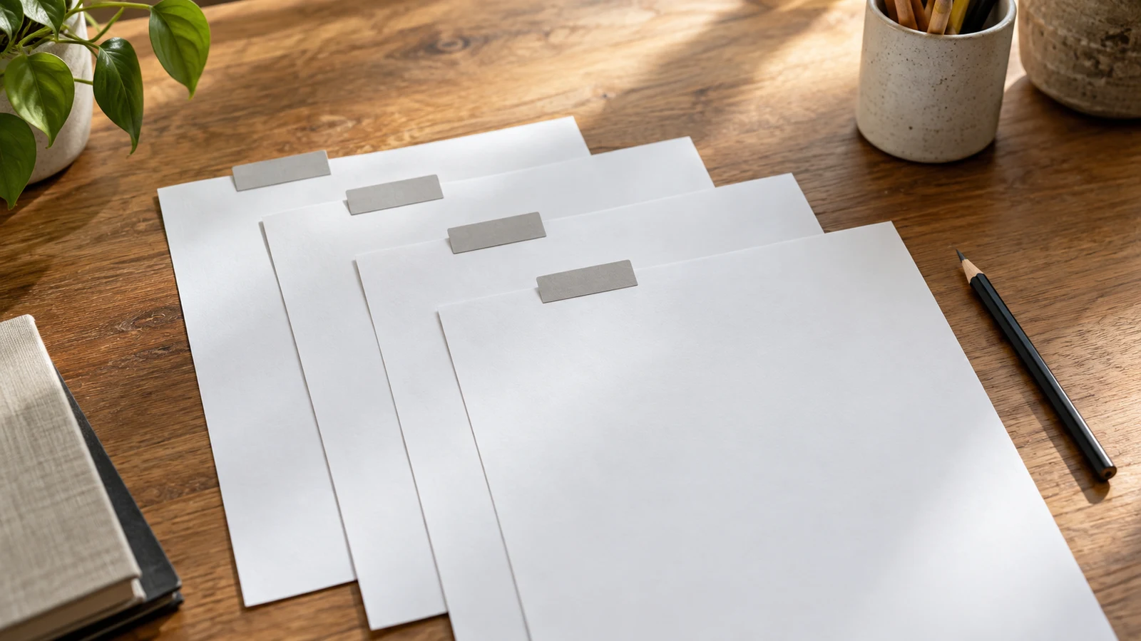 table headers for a report: Blank sheets with gray tabs lie beside a pencil on a wooden desk.
