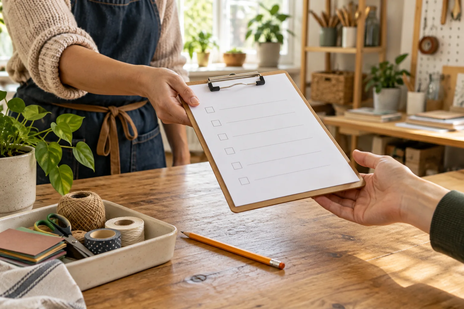 Clipboard checklist handoff at a craft table with a blank task sheet being passed between two people.