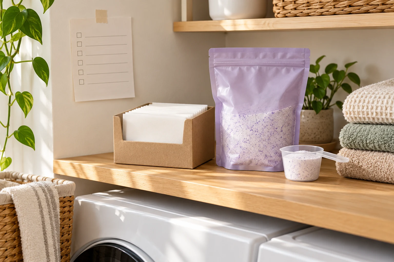 Shared laundry detergent station with flat white sheets in a kraft box beside a lavender powder pouch and its scoop on a laundry shelf.