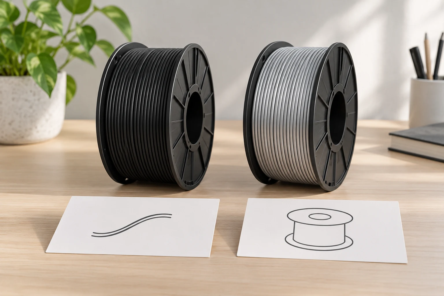 Filament spool fit considered with two generic unmounted filament spools beside separate blank enquiry cards for strand size and holder geometry, without a printer or fitting test