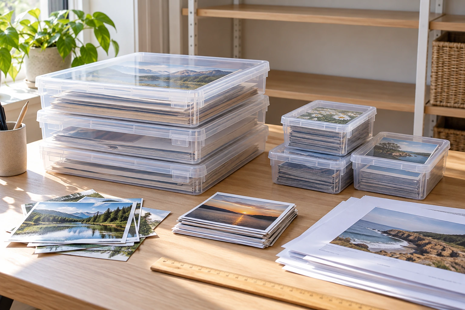how many photo storage boxes do you actually need shown by separate large paper cases, small print cases and measured shelf space.