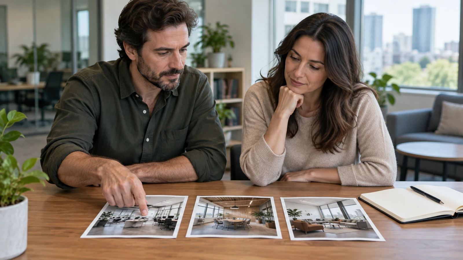 decision matrix planning: Two adults look at office photographs on a wooden table beside an open notebook.