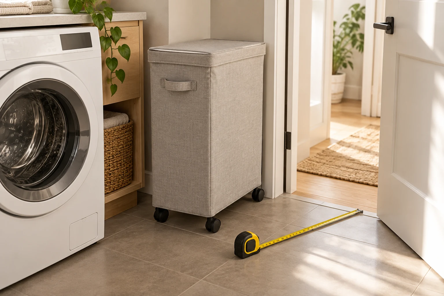 when a wheeled laundry hamper makes sense shown by checking the cart, level floor and doorway clearance beside a washer.