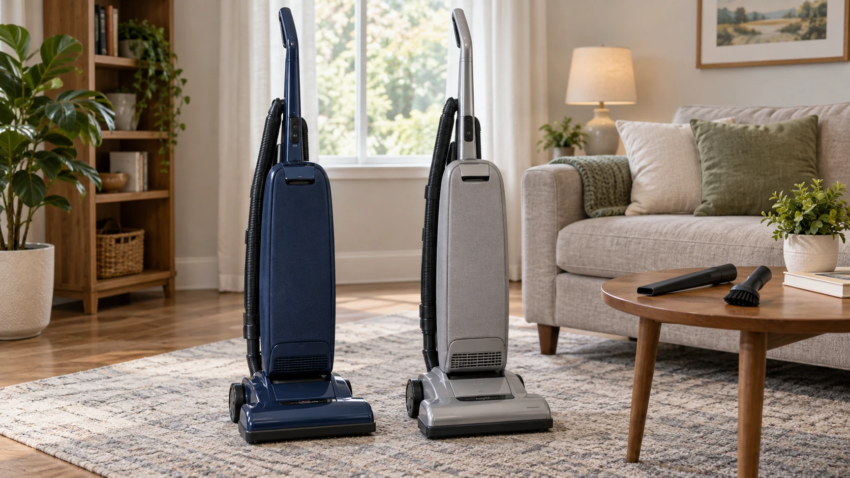 Bagged upright vacuum access and tool inventory represented by two complete generic switched-off uprights with closed compartments and separate illustrative tools; not exact models, a supplied retail package, tested cleaning or an operating sequence.