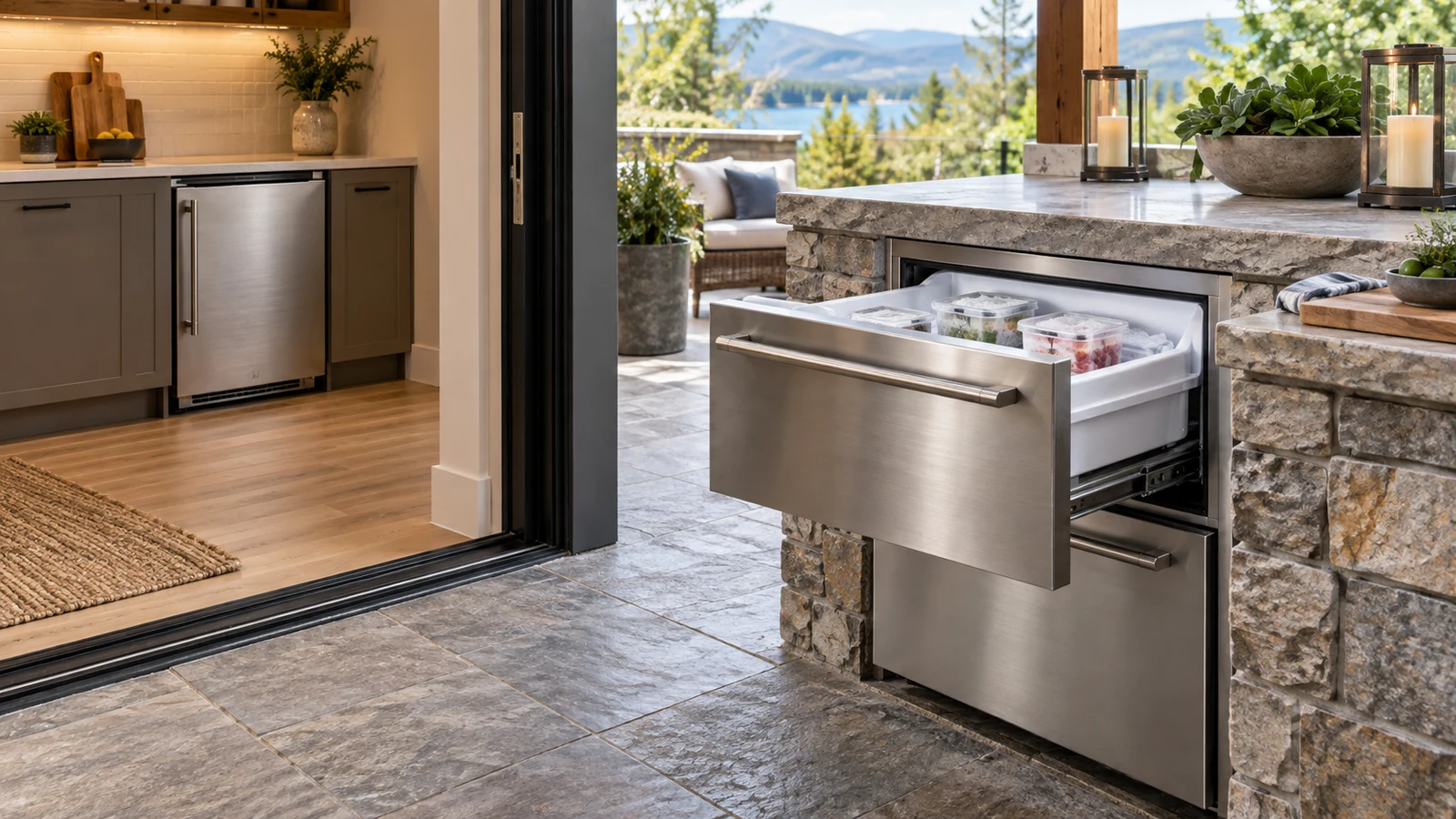 Summit outdoor drawer freezer: An open stainless freezer drawer stands on a terrace beside a kitchen with an under-counter appliance.