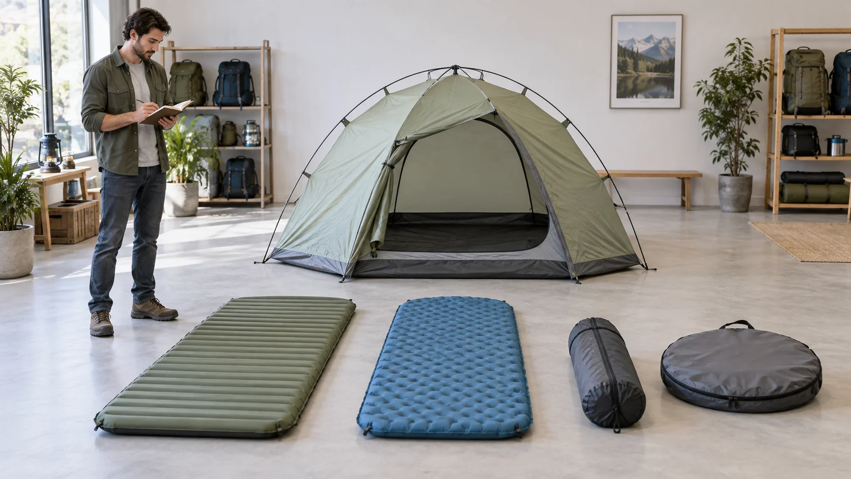Tent packed size versus sleeping space illustrated by a complete generic dome tent, two separate pads and slim and round carry bags indoors beside an adult with a notebook.