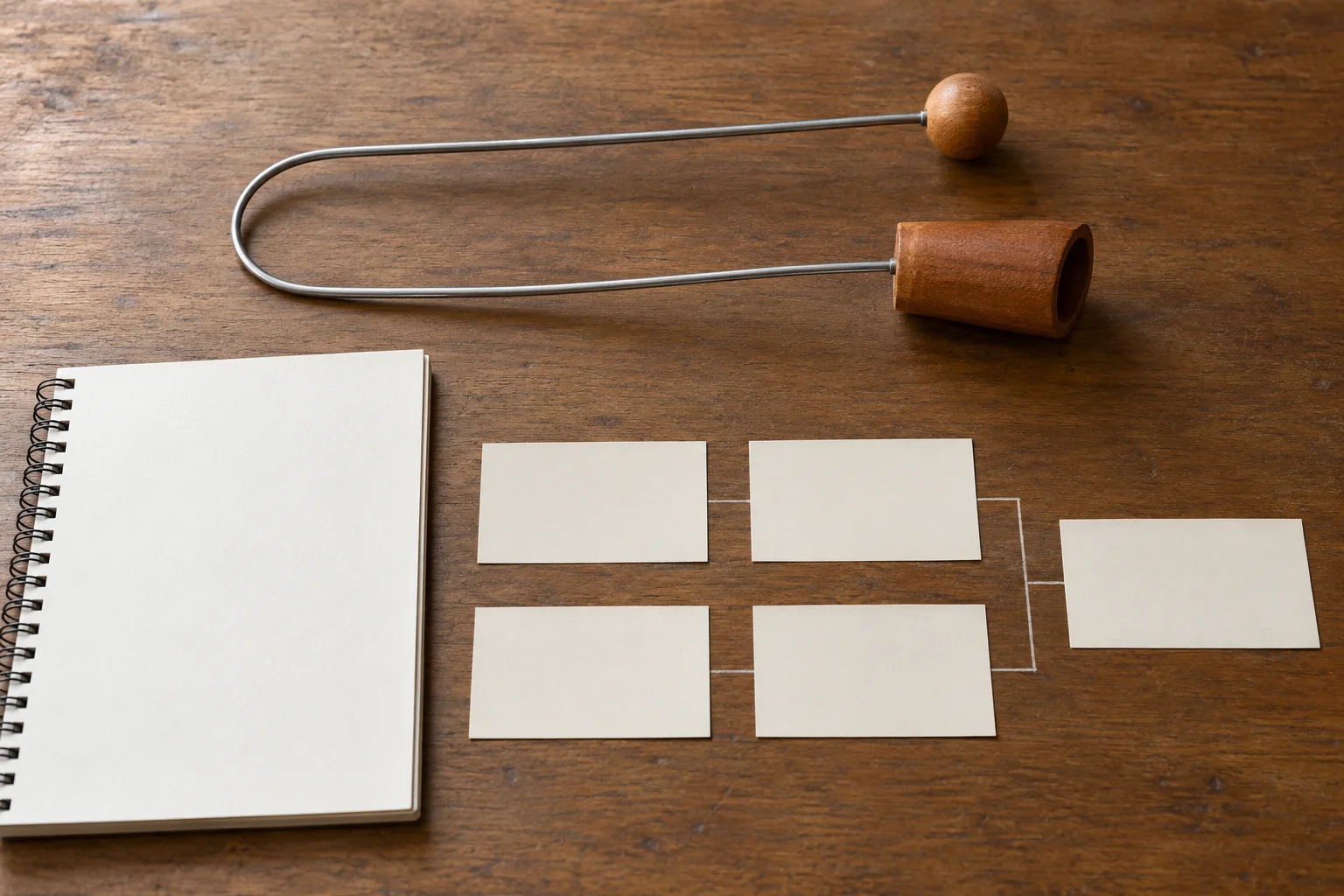A vibra-slap display time plan illustrated by an inactive instrument beside blank task cards arranged as parallel branches.