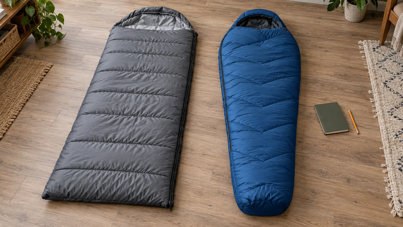 Sleeping bag temperature labels illustrated by two whole generic empty gray and blue sleeping bags laid on a floor beside a notebook and pencil.