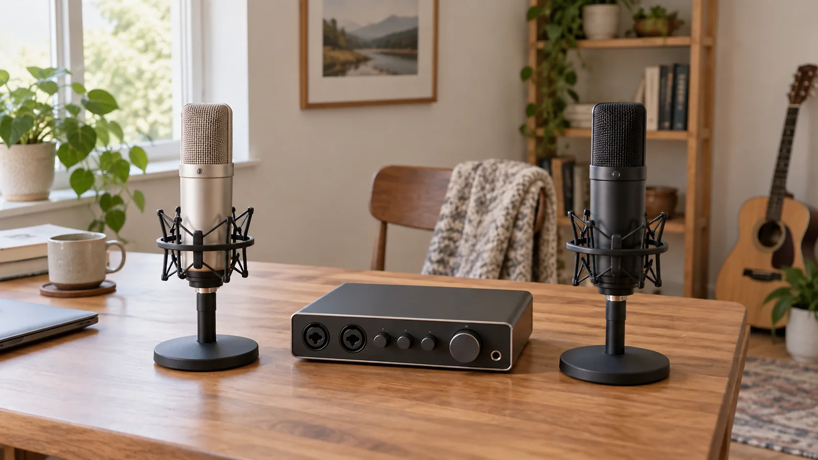 Microphone low-cut and attenuation represented by two complete generic studio microphones and an unlabelled interface; conceptual workspace without exact packages or measured sound results.