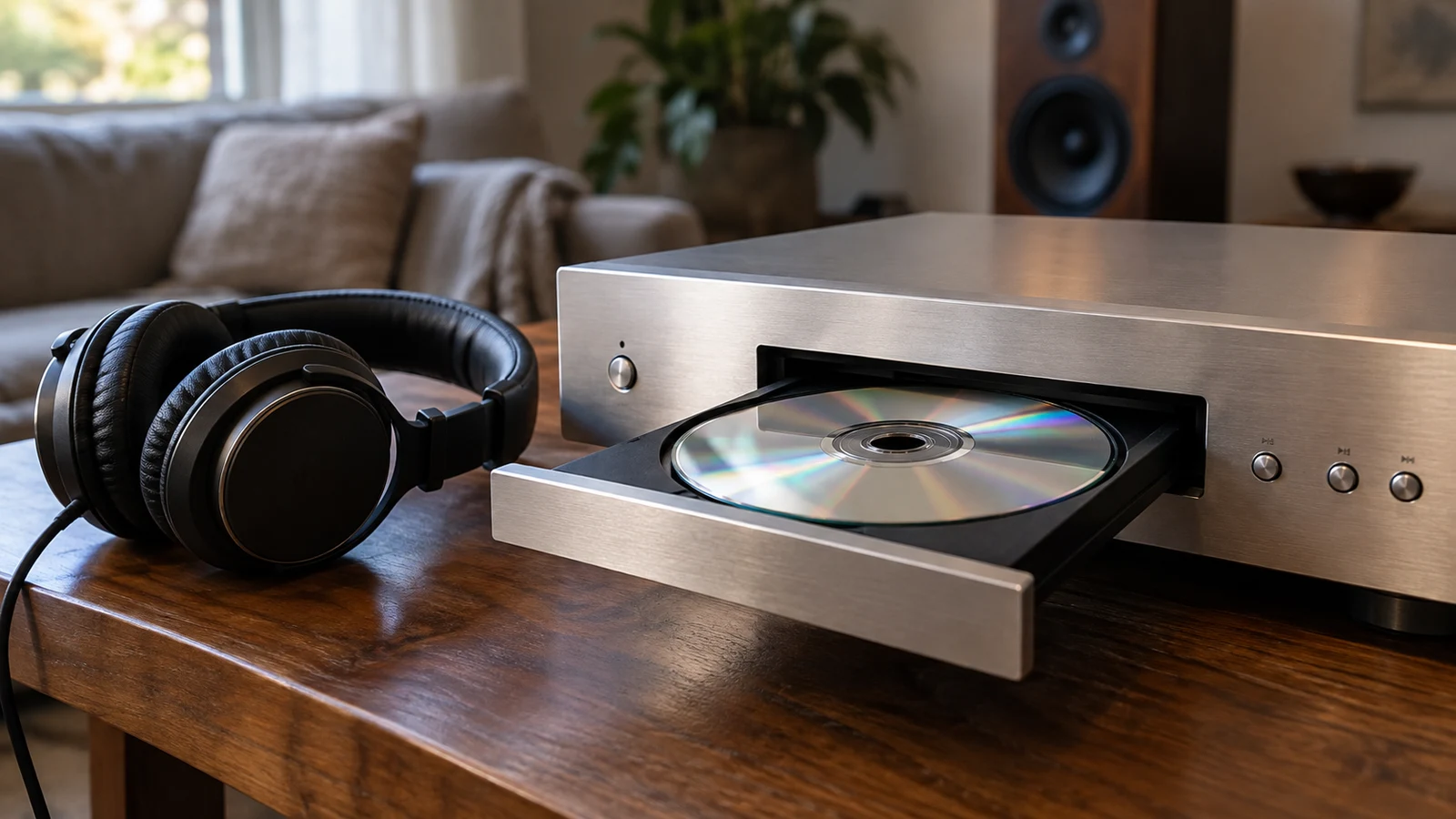 CD gapless playback checks: A silver CD player holds a disc in its open tray beside black headphones on a wooden table.