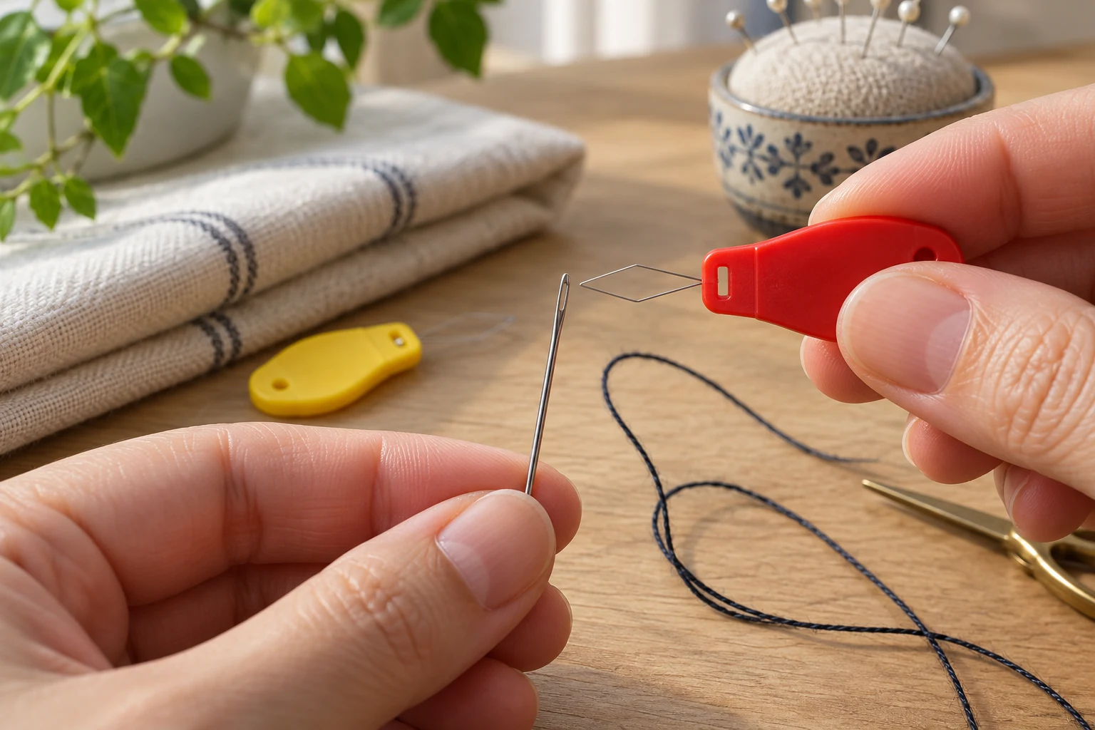Choosing an automatic needle threader for hand sewing by lining up a handheld aid with a separate needle eye.