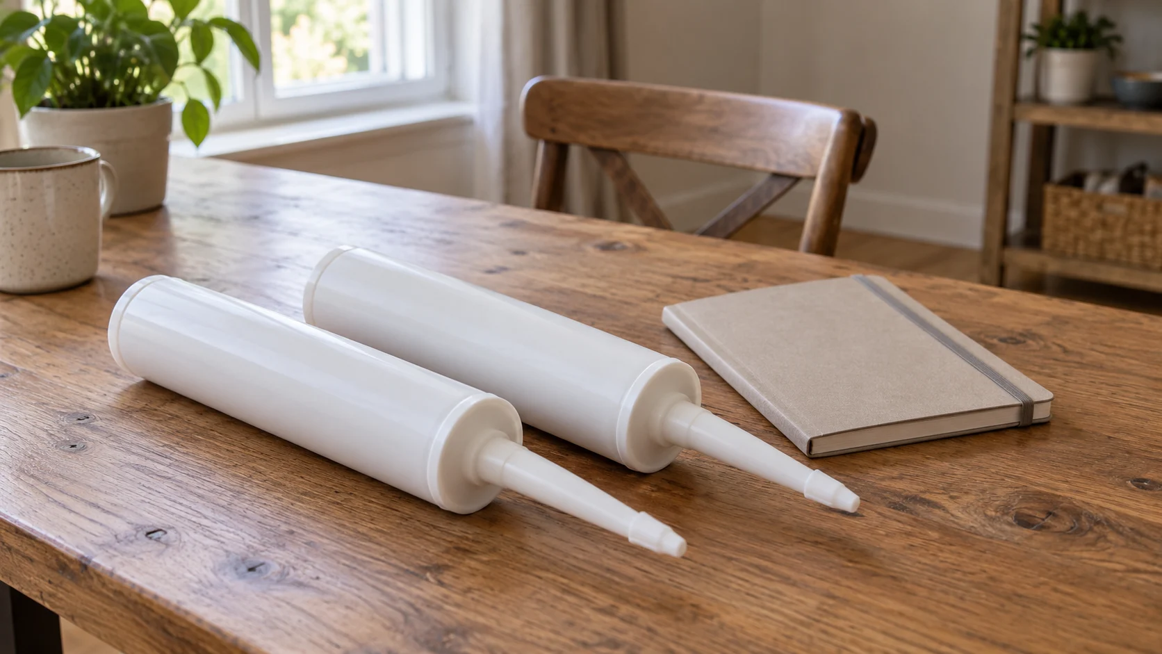 Caulk coverage budget concept with two whole generic sealed sealant cartridges beside a blank project notebook on a home worktable.