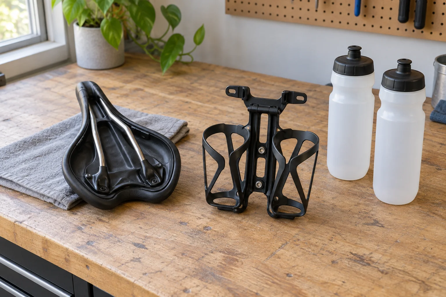 Saddle bottle mount compatibility concept with a whole upside-down generic saddle, separate double bottle cage assembly and two separate plain bottles on a workbench.