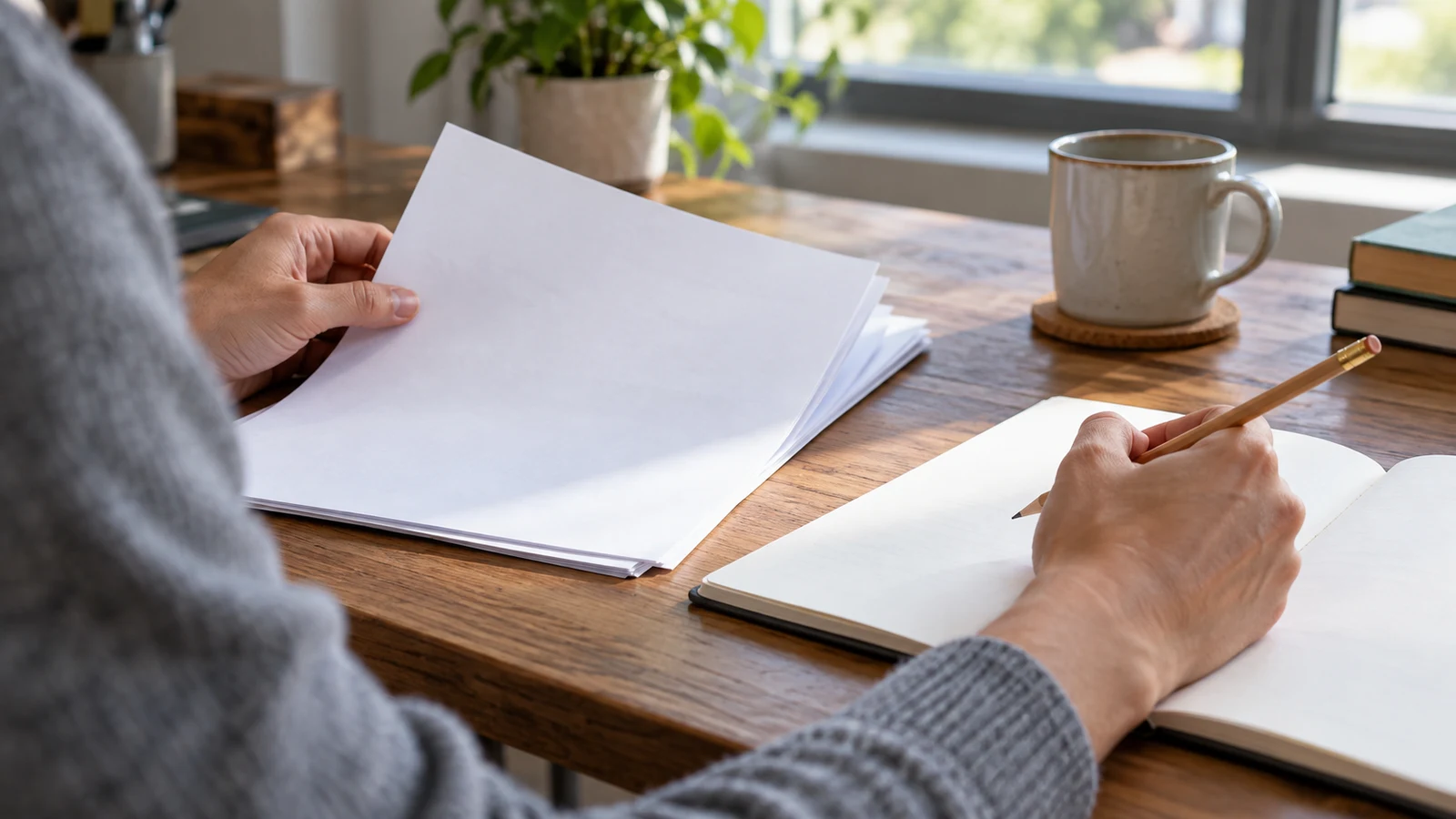 reading cumulative totals: A person holds blank papers and a pencil above an open notebook.