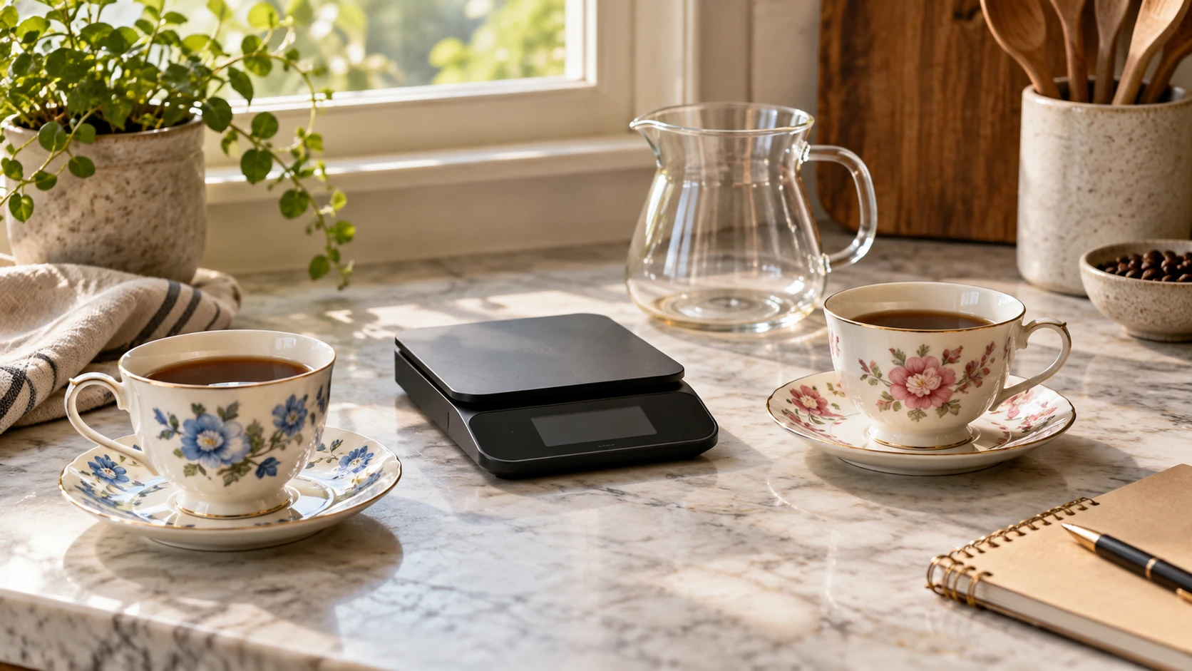 Coffee scale and teacup serving size with cryptocurrency purchasing represented by a generic digital scale and floral cups with saucers on a coffee counter; conceptual image, not actual Fuliko products or calibrated measurements.