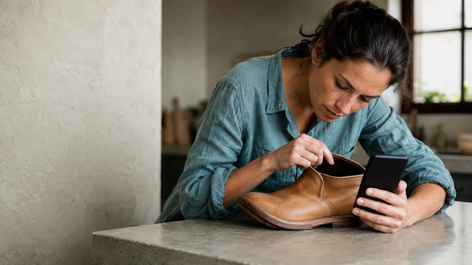 crypto shopping security: A woman inspects a tan leather boot while holding a black smartphone beside it at a kitchen counter.